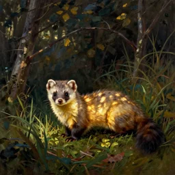the perfect life for a glowing weasel in the moors. painting be henri rousseau, ciurlionis, yves yanguy