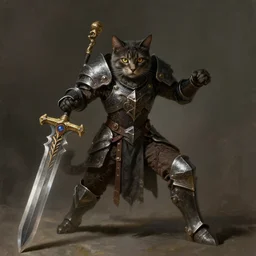 a cat striking a menacing pose while sporting dark souls armor and ultra greatsword, dramatic lighting, digital painting