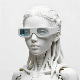 full head and shoulders, beautiful female porcelain sculpture with lots of 3 d cyborg elements, prosthetics, 3 d goggles, smooth, all white features on a white background, delicate facial features, white eyes, white lashes, detailed white, anatomical, by daniel arsham and james jean