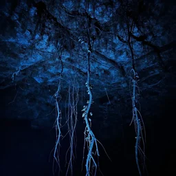 vines in a very dark cave, blue lighting, decayed, creepy