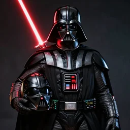 Elon Musk portrayed as Darth Vader, holding his helmet under his arm, wearing his power armor and red lightsaber, luigi lucarelli's style