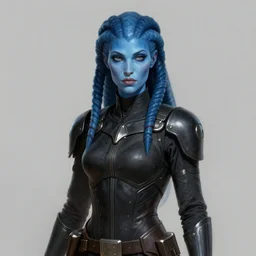 portrait of a female Twi'lek by Greg Rutkowski, blue skin, she is about 30 years old, wearing black sith uniform, highly detailed portrait, digital painting, artstation, concept art, smooth, sharp foccus ilustration, Artstation HQ