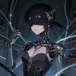 blindfolded dreaming humanoid female android wearing gothic ornament surrounded by glowing wires by Anna Dittmann, by hayao miyazaki, digital art. surreal. trending on art station. anime arts. featured on Pixiv, HD, 8K, highly detailed, good lighting. beautiful. epic.