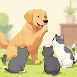golden retriever high fiving 3 gray and white cats in pokemon art style