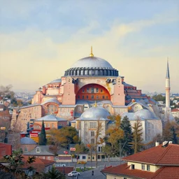 a panorama city of istanbul made of haribo, windy early morning, painted by alma lavenson