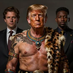 formal portrait,, president trump with painted bare chest, wearing hyena skins,, digital art by eugene de blaas, ross tran, and nasreddine dinet,, traditional african color scheme, intricately detailed, in the style of romanticism. artstation, greg rutkowski