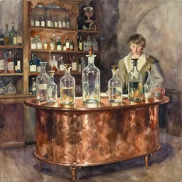 paint brush strokes, abstract watercolor painting of medieval pharmacy, western saloon, transparent glass bottles, reflective copper, by hans dahl, by jesper ejsing, by anders zorn, wonderful masterpiece by greg rutkowski, cinematic light, american romanticism by greg manchess, by tyler edlin