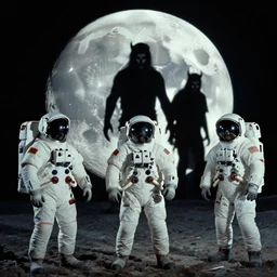 demons on the moon in the background, astronauts, scary movie, astronauts, grainy film, apollo footage