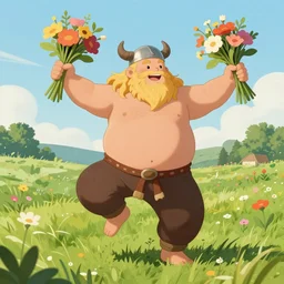 happy male chubby blonde viking dancing around in meadow holding a bunch of flowers in the style of rutkowski