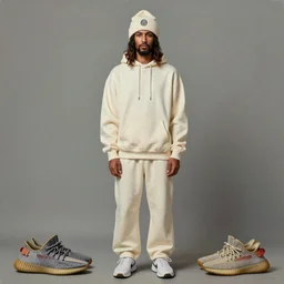a full body lookbook portrait of modern - day jesus wearing cream jerry lorenzo fear of god menswear collection by nicola samori, hat and hoodie, detailed, oil painting, hyper realistic, 8 k, yeezy collection