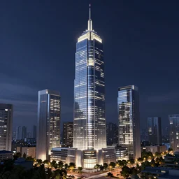 a very realistic digital art rendering and concept design of a Skyscraper at night, with magnificent volumetric lighting, three dimensions, a digitally transformed environment, ui design, 3d modeling, illustration, and transport design