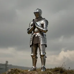 “Jeanne d'Arc praying on the top of the hill wearing battle-scarred armor”
