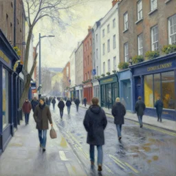 a busy street in dublin, winter, painted by edward hopper