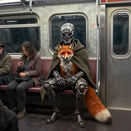 poster of old homeless fox in cape, half terminator, sitting in cyberpunk subway, image from new scifi from ilm and weta digital, painted by thomas eakins