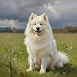 a samoyed dog sitting in the middle of sunny meadow, oil painting