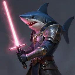 side portrait of a shark knight holding a double bladed lightsaber, fantasy, d & d, heartstone, digital painting, volumetric light, intricate, sharp, focus, bloom, illustration, highly detailed, concept art, matte, ruan jia, randy vargas, greg rutkowski