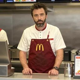 photo of ben affleck in a mcdonald's uniform workng behind the counter