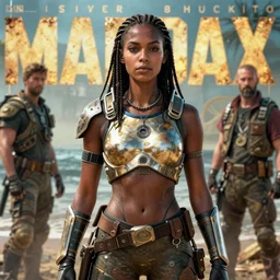 detailed ultrarealistic photography front medium shot of, mad max, waterworld, postapocalyptic, scifi cyberpunk warrior dejah thoris, leyendecker, norman rockwell, greg rutkowski, artstation cinematic, vray game of thrones, lord of the rings