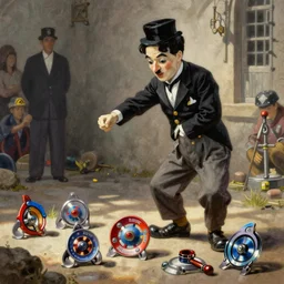 Charlie chaplin in a beyblade battle painting