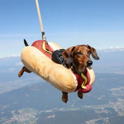 Dachshund skydiving while dressed in a hotdog costume