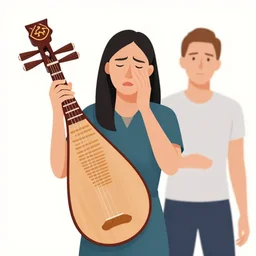 confused asian woman holding a lute, victo ngai, kilian eng, lois van baarle, flat