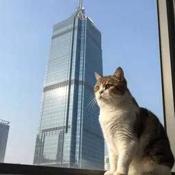 a daydream scene of a skyscraper and a cat