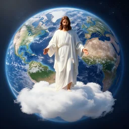 jesus standing on a cloud looking down on earth