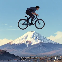 a flying bicycle over mount fuji, japanese art style, jake wood