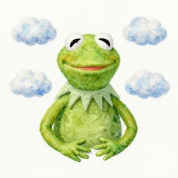 a watercolor art of kermit the frog with wool felting clouds illustration by nico delort, alien mountains background, 4 k resolution, matte painting, tarot card style, nasa photo
