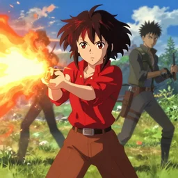 makoto shinkai, artgerm, ilya kuvshinov, steampunk beautiful anime woman, red shirt brown pants, black and red hair hair, symmetrical face, symmetrical eyes, action scene, shooting fire war, detailed, summer setting, cinematic lighting