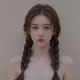 a medium shot portrait, subtle pastel tones, subdued expression, enticing eyes, beautiful feminine facial features, braided hair, rough textured wall background, beauty, elegance, stature