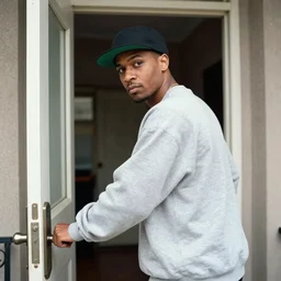 Portrait of a 1990s Philadelphia b-boy looking back while exiting his apartment, hand on the doorknob, photographed for Reuters, Kodak Portra 400, 25mm f/1.8, light diffusion, contrast, film grain, 8k archival print, after Petrus van Schendel