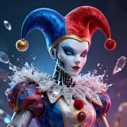 impressive electric cinematic fine portrait photo of a court jester!! cyborg implant shattered crystal shard volumetric dynamic fluid simulation lighting impressive masterpiece hyper ultra detailed intricate sharp focus 8 k realistic illustration canon eos r 3 fujifilm x - t 3 0 sony alpha, by james gurney tooth wu artgerm colorful!!!, trending on artstation behance cgsociety stunning closeup macro