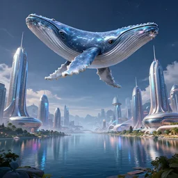 a science - fiction city by the lake, with gigantic futuristic buildings, a whale in the sky, midnight, andreas rocha, krenz cushart, artstation, concept art, smooth, sharp focus, 8 k, unreal engine 5, vivid, beautiful, hyperrealism, pearlescent, reflective, shimmering, highly detailed,