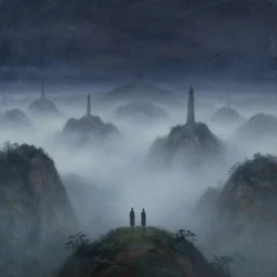 A Spiritual landscape by the ancient masters, the sky is dark, the world is covered with fog, and two figures can be seen standing in the midst of it. The background is completely covered with an endless series of mountains and towers, with only their tops standing out from the fog by Simon Stålenhag and Claude Monet.