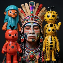 a espiritual psychedelic portrait of a Selk'nam with a Capirote, Plastic toy, art toy, by Jean Giraud , Al Feldstein , Yayoi Kusama , Lisa Frank , Award winning photo, iridiscense, Houdini algorithmic generative render, dramatic lighting, Accurate and detailed, sharp focus, octane render 8k ,
