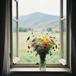 open window, you can see the field and the mountains. bouquet of flowers on the windowsill. birds and bugs intertwined. day time. close up. atmospheric. highly detailed. grainy vintage film, watercolor