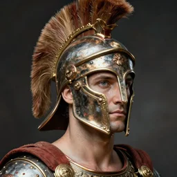 close - up portrait athenian warrior with helmet and armor, art by robert mapplethorpe