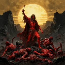 jesus killing red monsters on a pile of corpses, in hell, black moutains, golden sun, beautiful, trending on artstation, intricate
