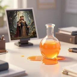 office desk with a spilled glowing orange potion, 1 2 th century fantasy photograph, featured on pixiv, magical potion