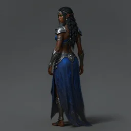 Beautiful Young Female Shaman, shamanistic dark blue clothes, covered!, metal garments, dark brown skin, green supernatural eyes, back view, full body, extremely detailed!, high fantasy, matte painting, warcraft, by Rossdraws, James Jean, gerald brom, Andrey Ryabovichev, Mark Simonetti and Peter Morbacher, trending in artstation, artstationHD, artstationHQ, cgsociety, octane, 16K HD