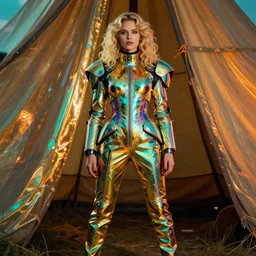 vertical photo of polish female in chromatic futuristic suit, blonde, curly hair, symmetrical beautiful face, cyberpunk, native costume, standing in the primitive tent, prismatic neon, fashion editorial photography, hyperrealistic, from vogue magazine, reflections, refraction, gold, teal, orange