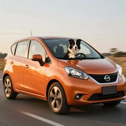 border collie dog operating an orange nissan note, paws on wheel, car moving fast, award winning photo, golden hour,