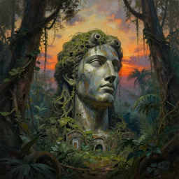 giant stolen statue of ibertys head is abandoned reclaimed in a jungle .surrounded by tall vines in oversized jungle, moody sunset and dramatic sky , oil painting by frazetta, low angle, postapocalyptic, cinemascope panorama