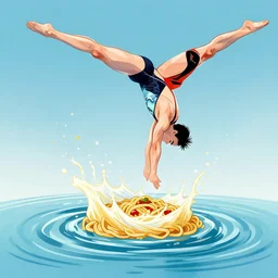 olympic diver is diving into a dish of pasta, splash, art deco intricate ripples, fantasy, elegant, highly detailed, sharp focus, art by artgerm and beeple and greg rutkowski and wlop