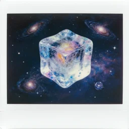 a 3 d colourful giant ice cube floating in the universe, galaxies and stars in the background, polaroid photo style, retro effect, high details, one ice cube