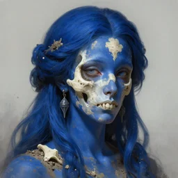 stunning deep blue goddess of skull portrait, ashes, ivory, dirt, fantasy, intricate, elegant, highly detailed, digital painting, artstation, concept art, smooth, sharp focus, illustration, art by afshar petros and krenz cushart and artem demura and tony sandoval