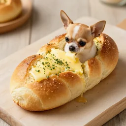 chihuahua turning into garlic bread, buttery chihuahua bread, food photography