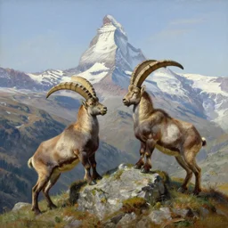 alpine ibexes climbing in the alps with the matterhorn in the background in the style of hudson river school of art, oil on canvas