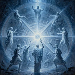 future disciples of Pythagoras, in perfect frozen symmetrical world, sinner cataclysm, dynamic lighting, deus ex machina, primeval duality, cinematic, establishing shot, extremely high detail, photo realistic, cinematic lighting, oil painting, intricate line drawings, 8k resolution